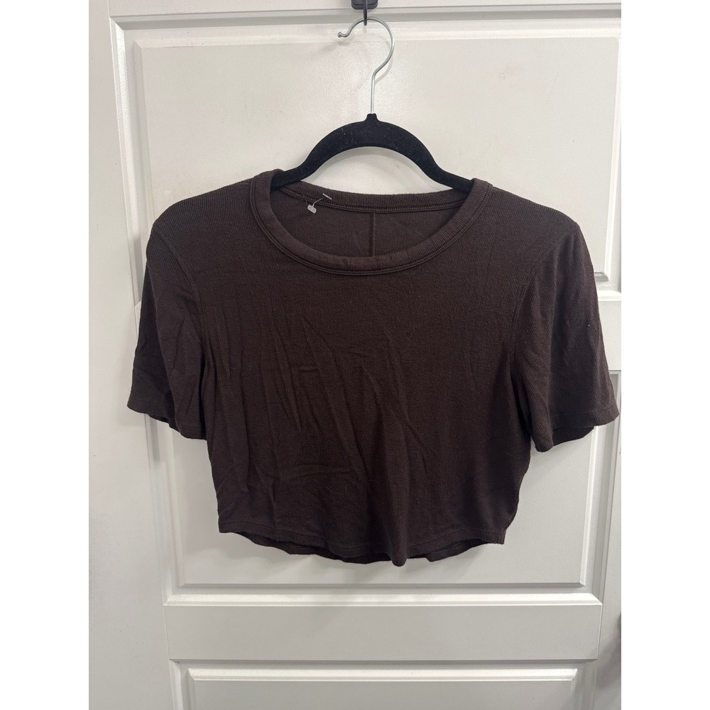 Lululemon Espresso Brown Ribbed Waffle Knit Short Sleeve Crop Top Tee Womens